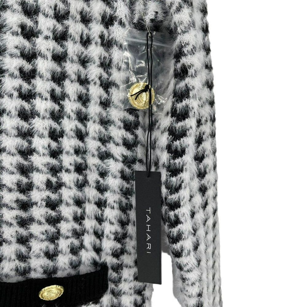 Tahari Houndstooth Eyelash V-Neck Button Up Cardigan Sweater Soft White Black XS - Picture 5 of 10